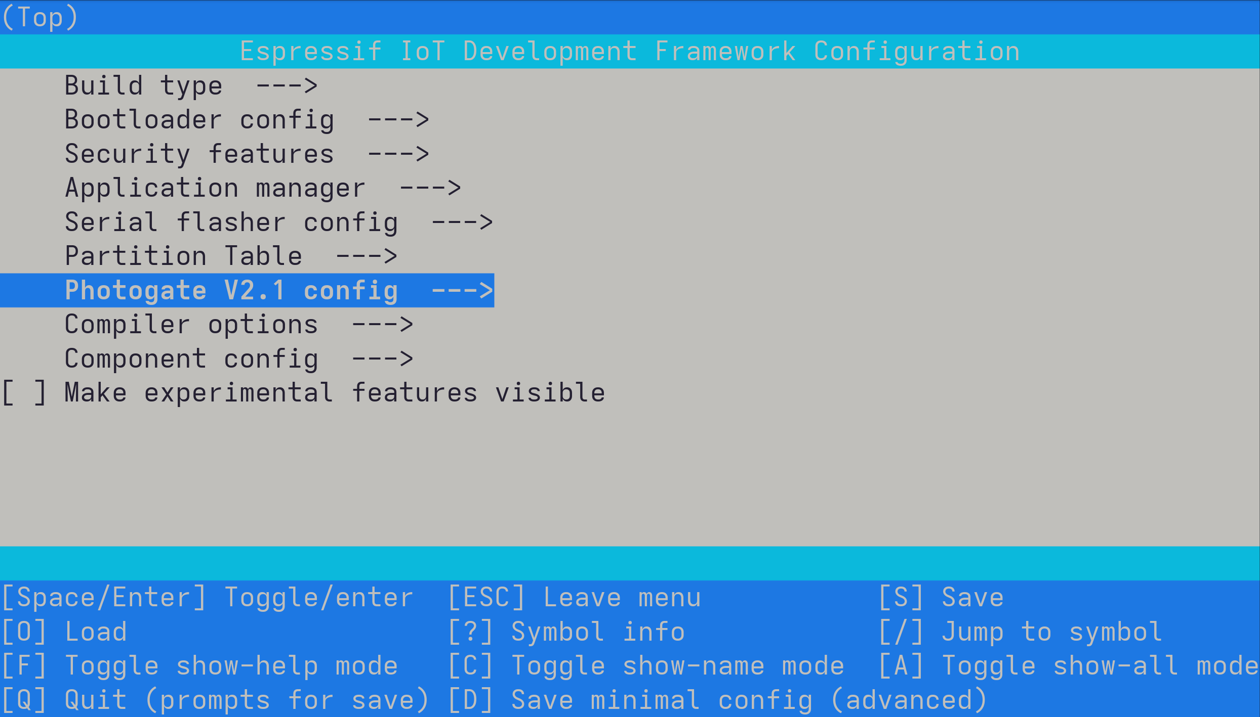 Photogate V2 menuconfig main screen